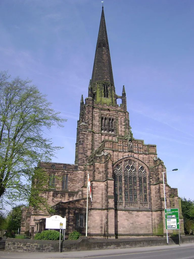 St George's Church, Heaviley, Stockport, (1892–97) from Buxton Road, Stockport. .mw-parser-output .messagebox{margin:4px 0;width:auto;border-collapse:collapse;border:2px solid var(--border-color-progressive,#6485d1);background-color:var(--background-color-neutral-subtle,#fbfcff);color:var(--color-base,#202122);box-sizing:border-box;border-inline-start-width:8px}.mw-parser-output .messagebox.mbox-small{font-size:88%;line-height:1.25em}.mw-parser-output .mbox-warning,.mw-parser-output .mbox-speedy{border:2px solid var(--border-color-error,#b22222);background:var(--background-color-error-subtle,#ffdbdb);border-inline-start-width:8px}.mw-parser-output .mbox-serious,.mw-parser-output .mbox-delete,.mw-parser-output .mbox-stop{border:2px solid var(--border-color-error,#b22222);border-inline-start-width:8px}.mw-parser-output .mbox-issue,.mw-parser-output .mbox-content{border:2px solid #f28500;background:var(--background-color-warning-subtle,#ffe);border-inline-start-width:8px}.mw-parser-output .mbox-query,.mw-parser-output .mbox-style{border:2px solid #f4c430;background:var(--background-color-warning-subtle,#ffe);border-inline-start-width:8px}.mw-parser-output .mbox-shit{border:2px solid #960;border-inline-start-width:8px}.mw-parser-output .mbox-license{border:2px solid #88a;border-inline-start-width:initial}.mw-parser-output .mbox-legal{border:2px solid var(--border-color-notice,#666);background:var(--background-color-base,#fff);border-inline-start-width:8px}.mw-parser-output .mbox-honor{border:2px solid #ca3;background:var(--background-color-warning-subtle,#fcf4db);border-inline-start-width:8px}.mw-parser-output .mbox-growth{border:2px solid #8d4;background:var(--background-color-success-subtle,#d5fdf4);border-inline-start-width:8px}.mw-parser-output .mbox-move{border:2px solid #93c;border-inline-start-width:8px}.mw-parser-output .mbox-protection,.mw-parser-output .mbox-message{border:2px solid var(--border-color-base,#aaa);border-inline-start-width:8px}.mw-parser-output 