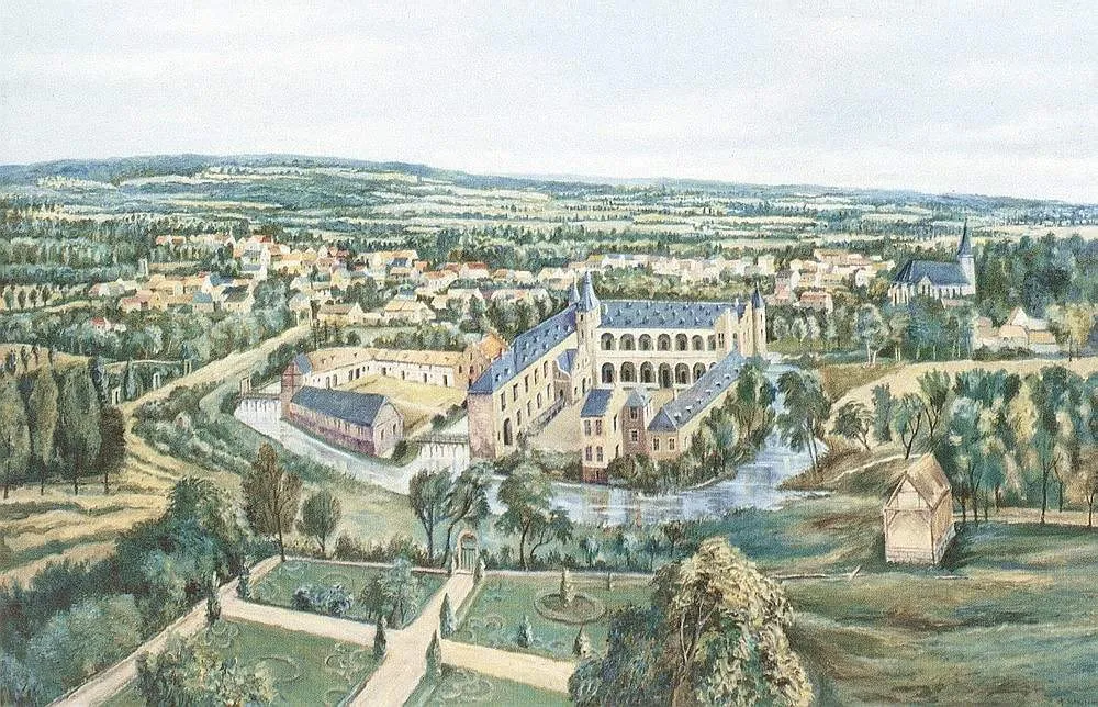 Burg und Herrlichkeit Odenkirchen von Nordwesten um 1680, Gemälde von Gebhard Schwermer, nach einem Detail eines Wandteppichs auf Schloss Westerloo der Fürsten von Merode in Belgien