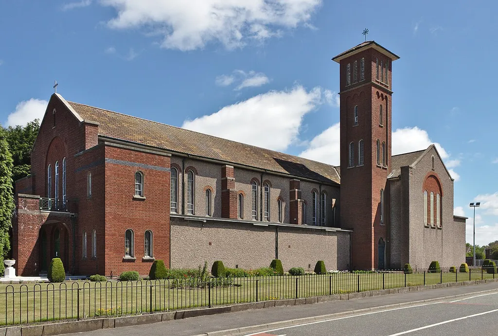 Perspective view of St Patrick's Church, Earlestown from the corner of Common Road and Sefton Street.