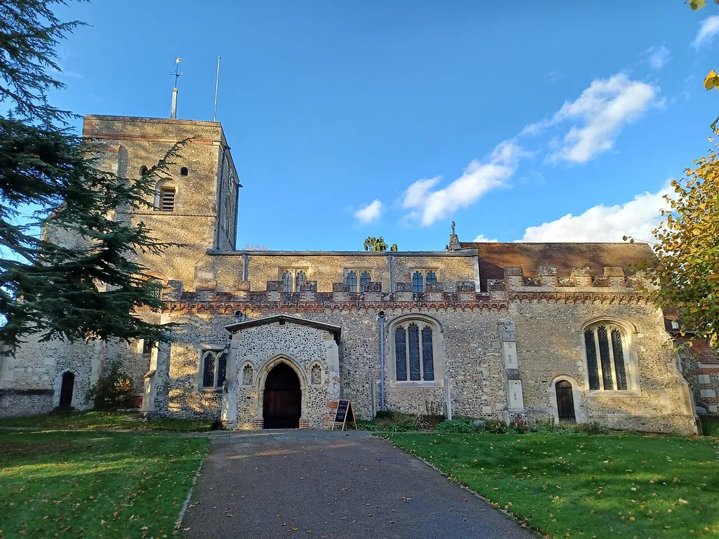 St. Mary's Church, Church End, Redbourn, Hertfordshire, England. Nave and tower c. 1100, 14th- and 15th-century additions. Grade I listed.