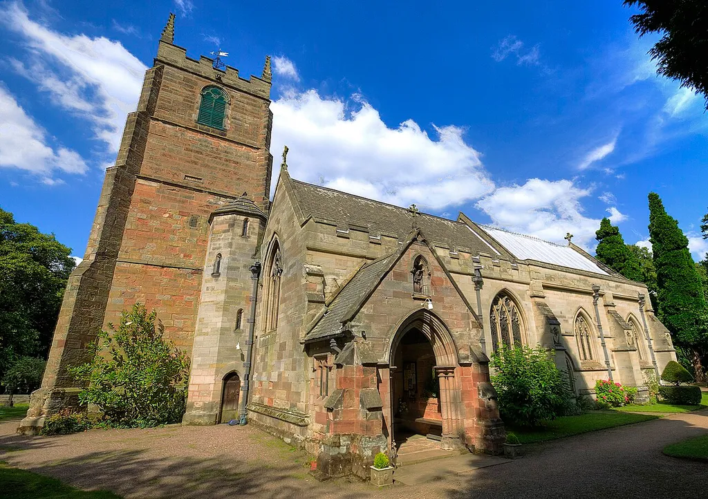 St Peter's parish church, Elford, Staffordshire, seen from the southwest. The tower was built in 1598. The rest of the church was rebuilt in 1848–49 and 1869–70.