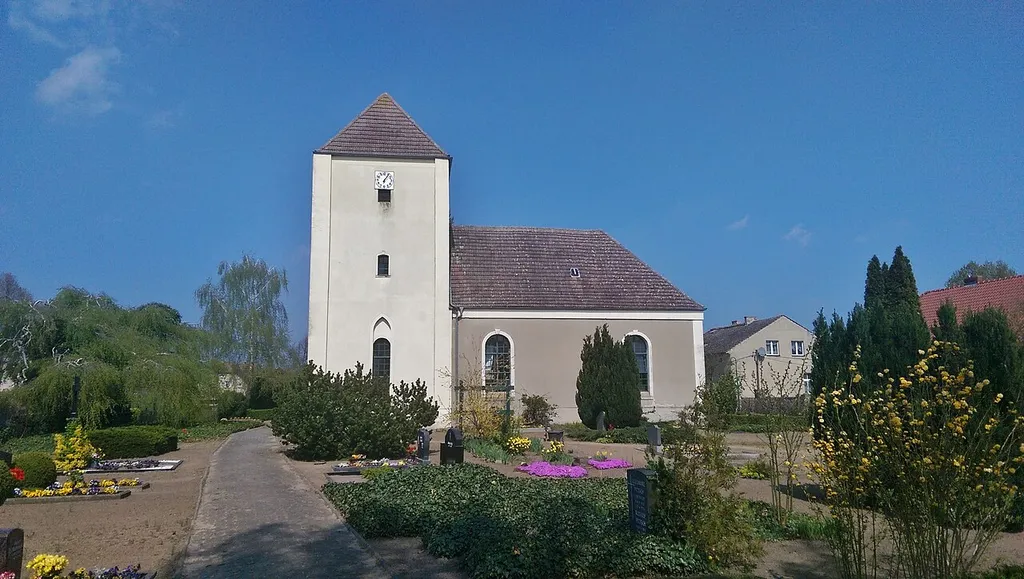 Southern view of church in Gohlitz, Nauen municipality, Havelland district, Brandenburg state, Germany.
