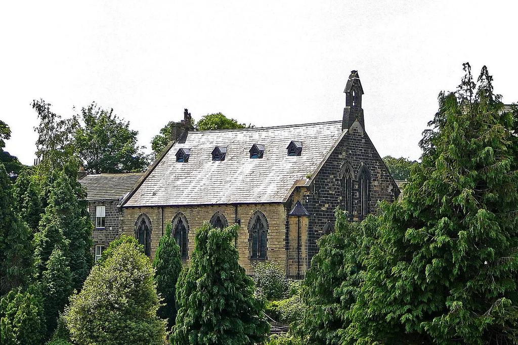 Moravian church, Baildon, West Yorkshire, seen from the parish churchyard of St John the Evangelist