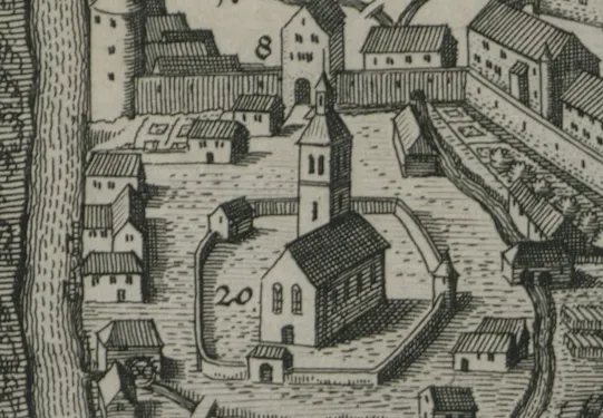 Extract from the Merian map of the city of Feldkirch from 1680 - Sankt Leonhard church (1379 - 1851)