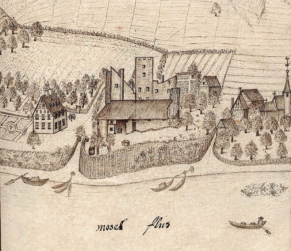 Skizze der bereits 1652 zerstörten Burg Lösnich von 1689 im Lagerbuch Band III DK 5196 der Reichgrafen von Kesselstadt