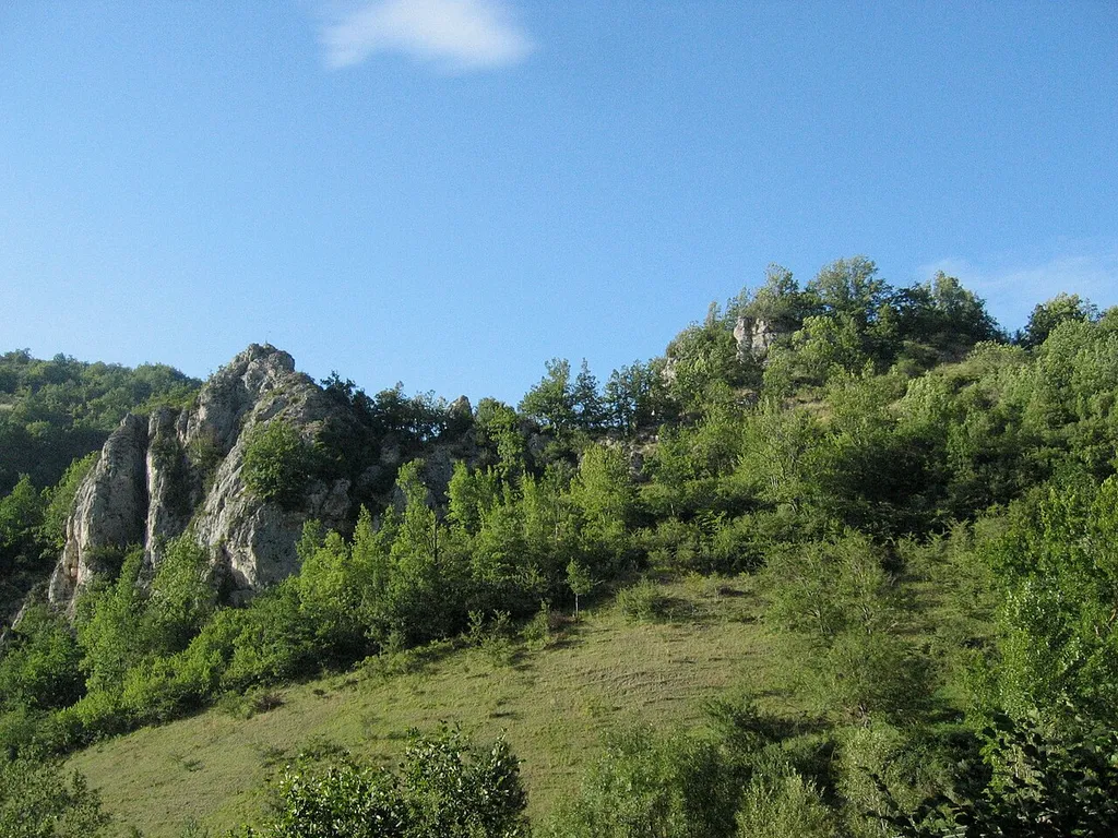 Le piton rocheux d'Aniort (vue sud). Le deuxième sommet (à droite) était celui du donjon et la forteresse s'étendait à l'est (vers la droite).
