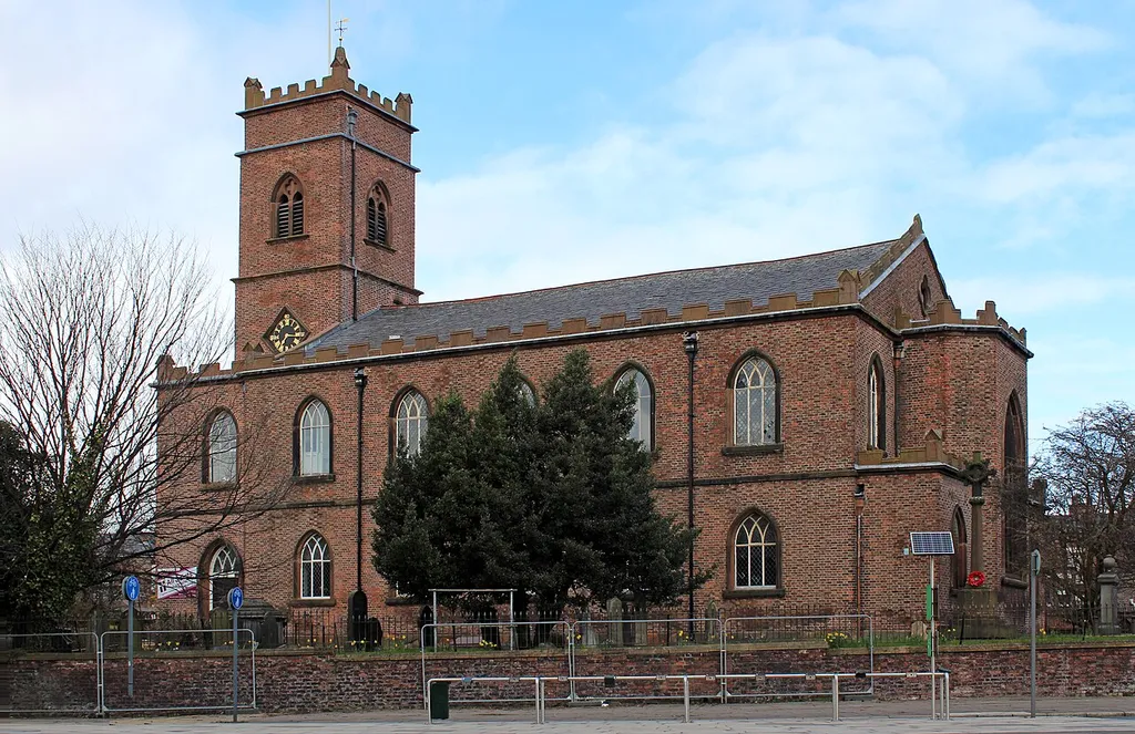 Grade II listed brick church in Edge Hill, Liverpool, formerly St Mary's, dating to c. 1812. View from near end of Kinglake Street, the recent restorations mostly completed.