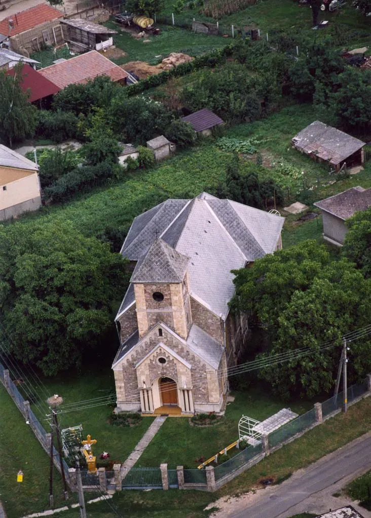 Roman Catholic church in Megyaszó, Hungary, aerial photography