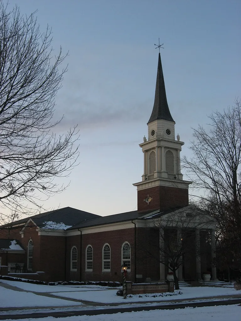 Front of Worthington Presbyterian Church, located at 733 High Street (U.S. Route 23) in Worthington, Ohio, United States. Built in 1927, it is listed on the National Register of Historic Places, and it is a part of a Register-listed historic district, the Worthington Historic District.