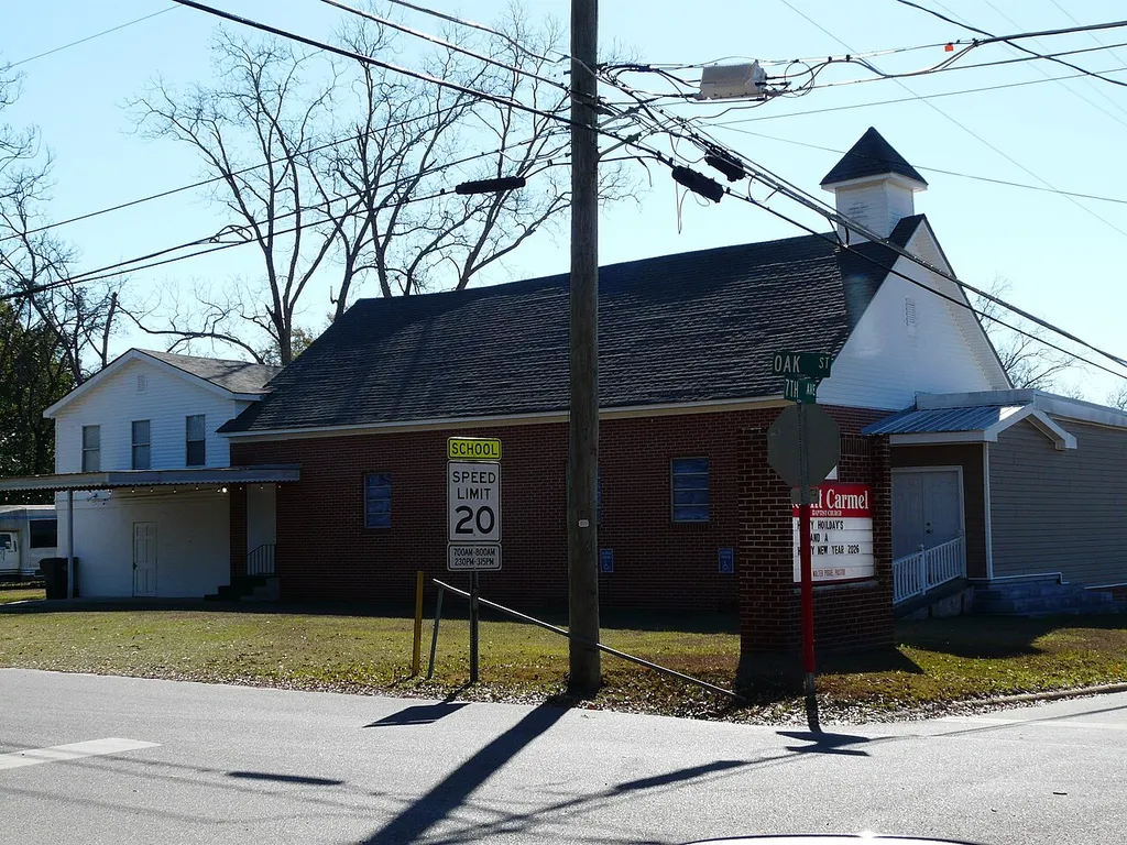 Mount Carmel Baptist Church at Oak Street and 7th Avenue in Ashford, Alabama.