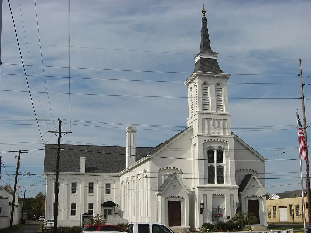 Front of the Bigelow United Methodist Church, located at 415 Washington Street in Portsmouth, Ohio, United States. Built in 1858, it is listed on the National Register of Historic Places.