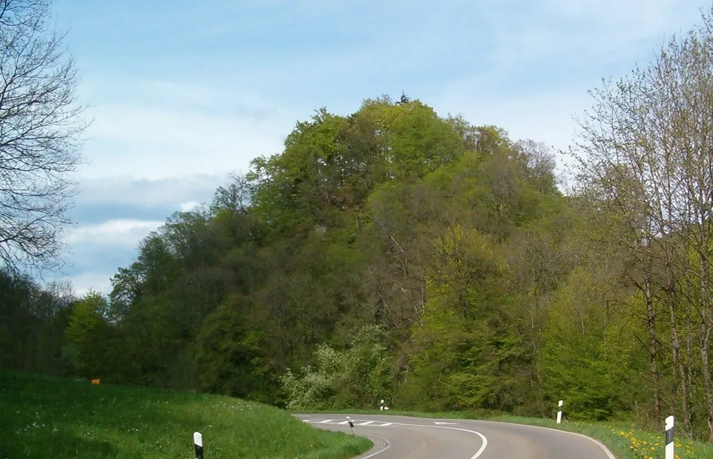 Blick flussaufwärts auf den Burghügel der Gutenburg im Schlüchttal.