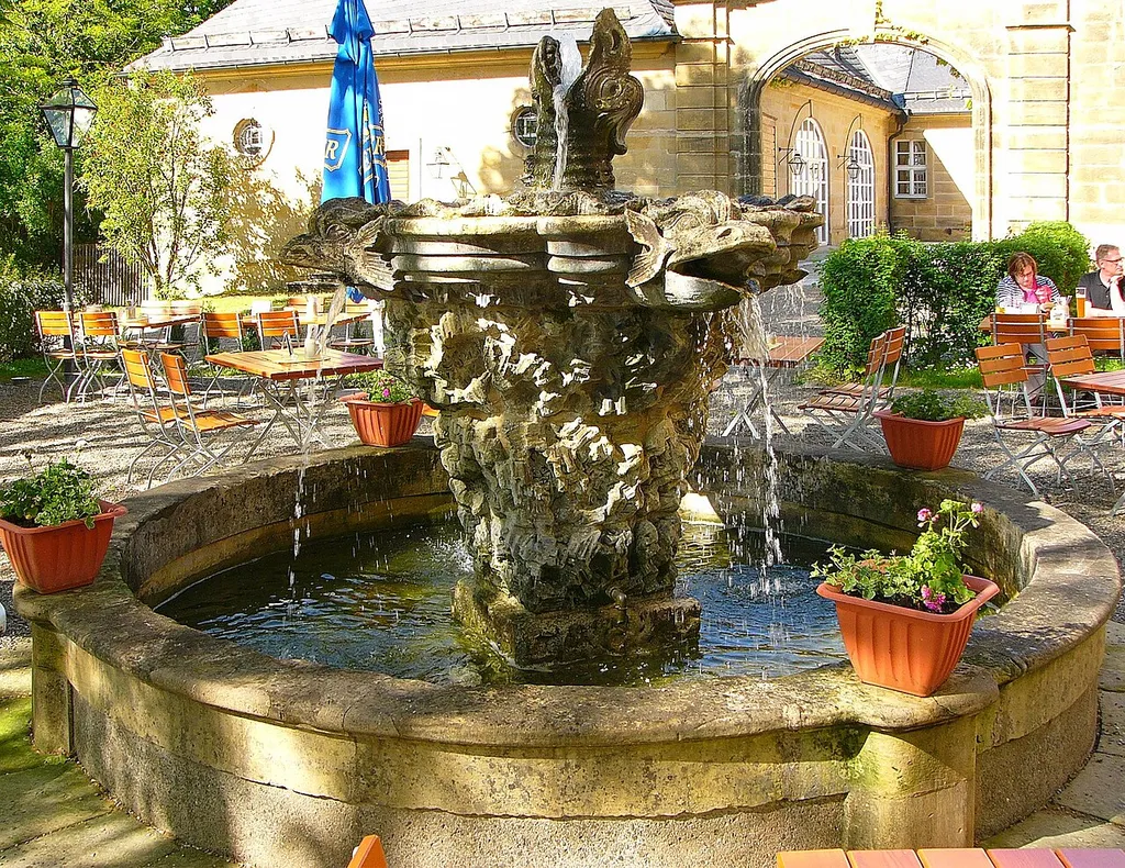 Klosterökonomie; Terrassen mit Stützmauern, runde Brunneneinfassung (dazugehörige Brunnenschale, heute vor Klostergaststätte), Reste einer Treppenanlage, zweite Hälfte 18. Jahrhundert.
