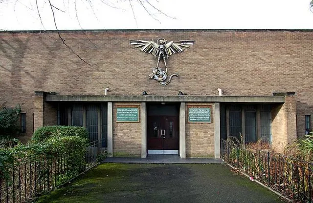 Entrance to the parish church of St Michael and All Angels, Lansdowne Drive, London Fields, London E8