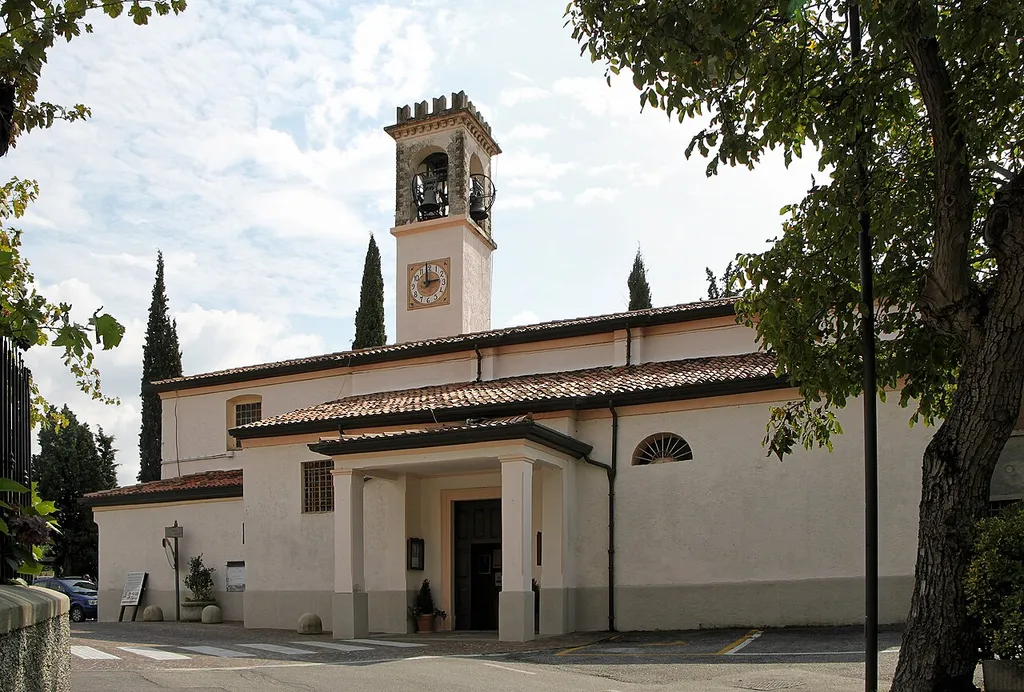 Chiesa di San Lorenzo, Voltino di Tremosine, Brescia, Lombardy, Italy. View from north.