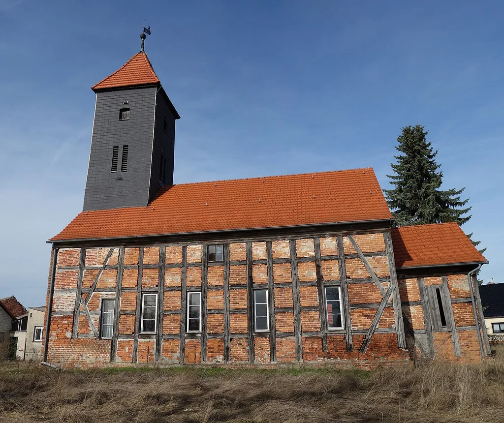 Southern view of church in Knoblauch, Milower Land municipality, Havelland district, Brandenburg state, Germany.