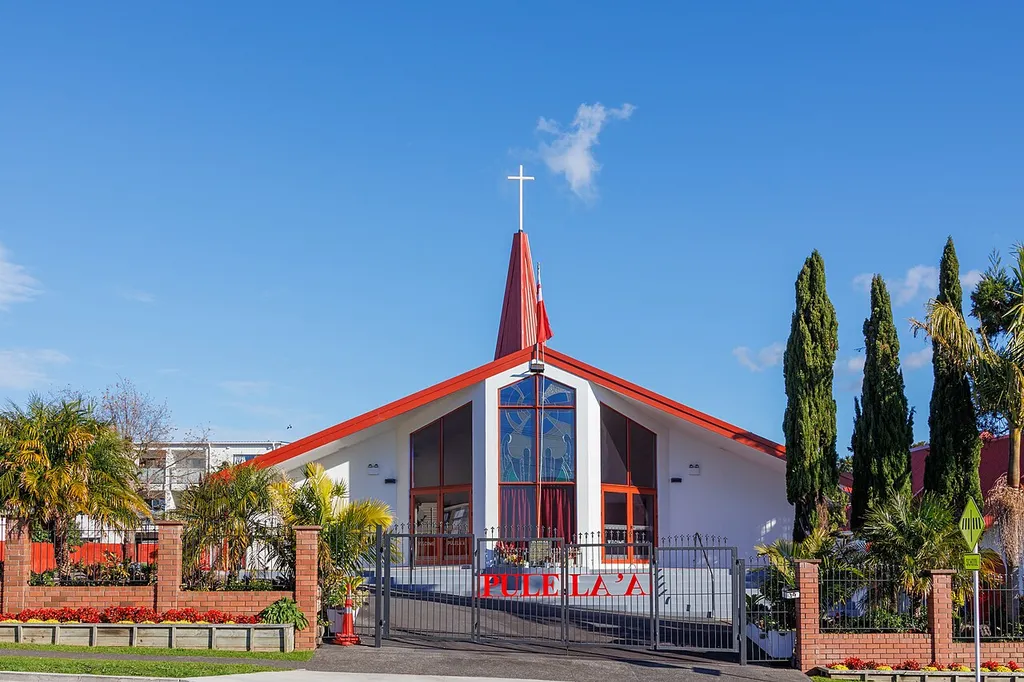 A frontal view of the Tongan Methodist Church in New Lynn, Auckland.