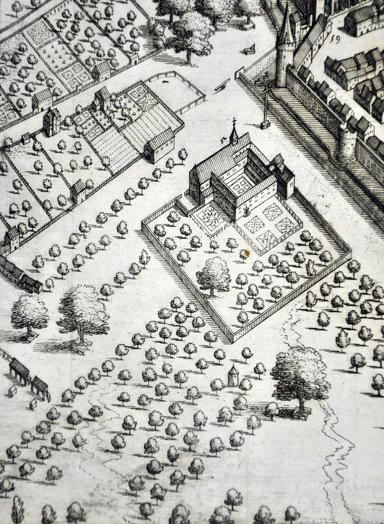 Ravensburg, from: Topographia Sueviae (Schwaben), 1643 Detail: das nördlich vor der Stadt gelegene Kapuzinerkloster (abgerissen, heute Kapuzinerstraße)