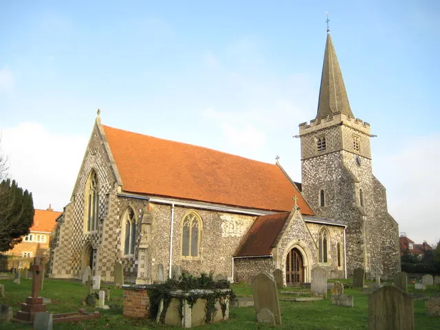 Church of England parish church of Saint Peter, Burnham, Buckinghamshire: view from the southwest. The tower was built in the 13th century, but its top was rebuilt in 1864