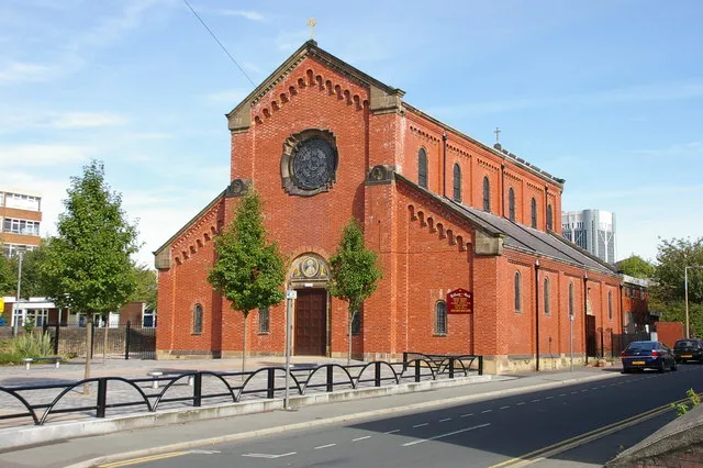Roman Catholic Church of St Anne, Paradise Street, Blackburn, Lancashire, seen from the southwest. The west end of the church was damaged by fire and demolished. The west wall was rebuilt in a new position, reducing the church to half its original size.