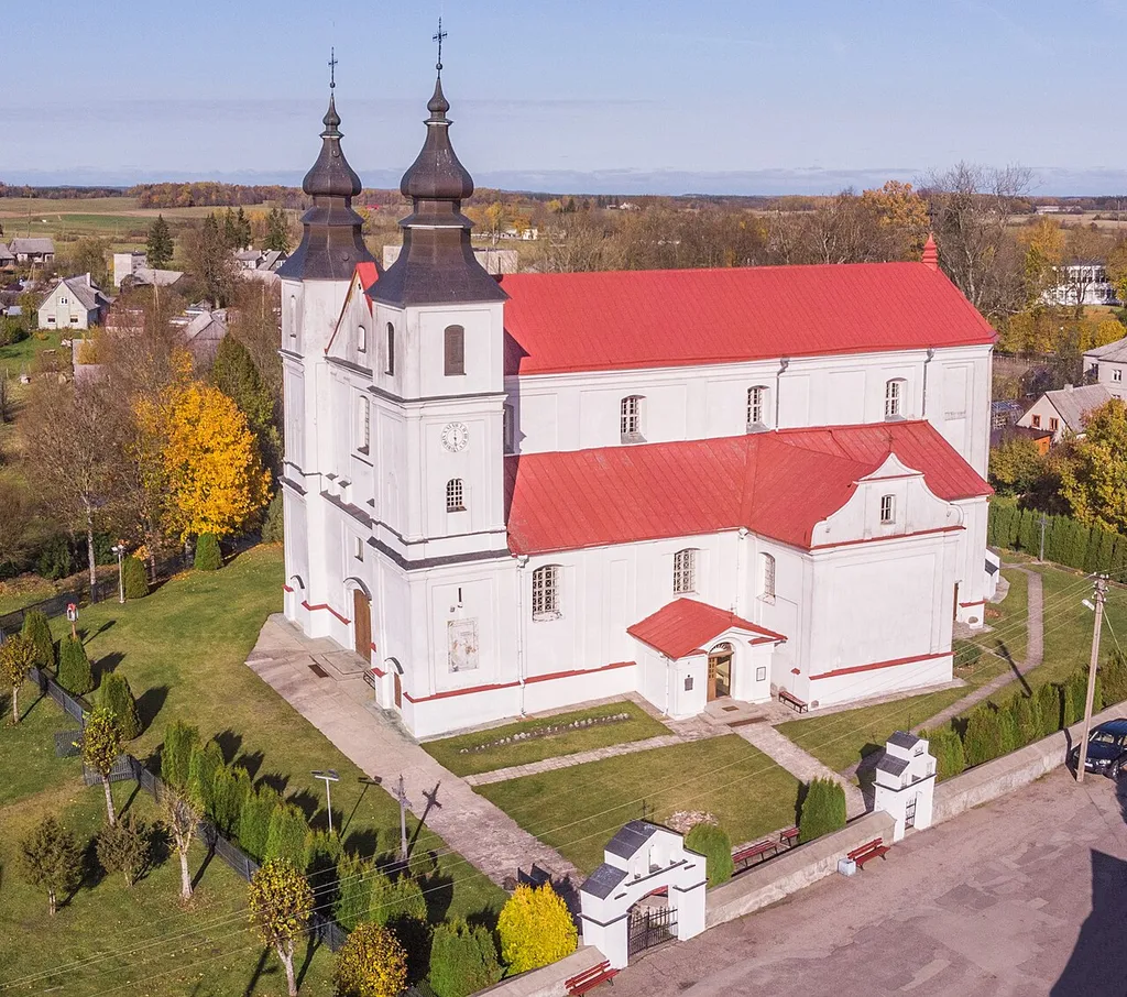 Aerial view of the Church of St. Peter and St. Paul in Varniai, Lithuania. Formerly until 1864 it was a cathedral.