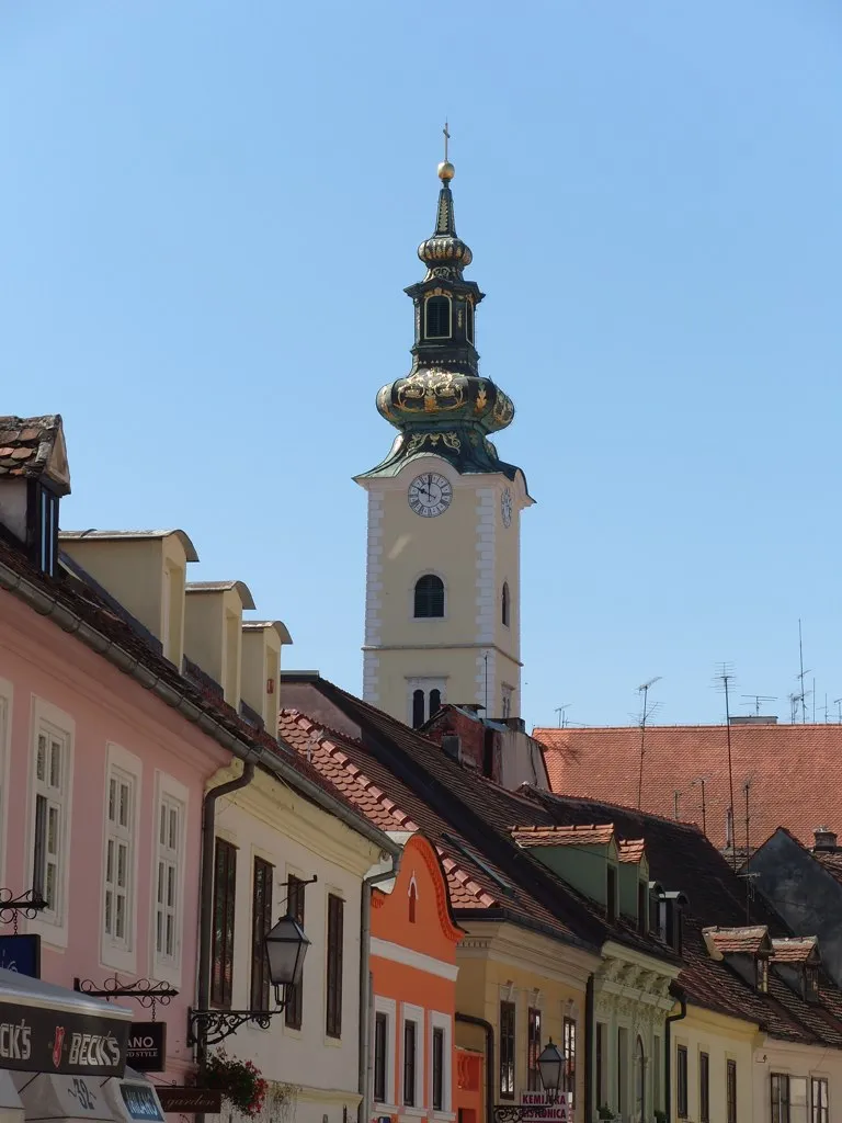 Looking from Tkalčićeva street towards the church of St. Mary in Zagreb, Croatia.