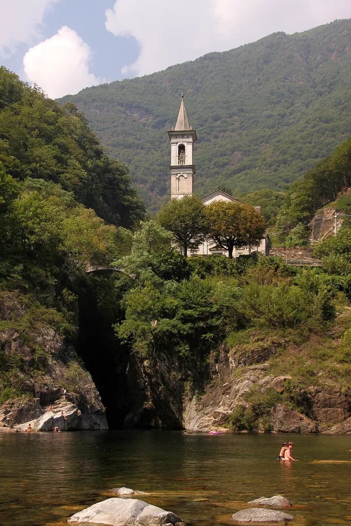 The church of Sant'Anna and the cleft in the river Cannobino in Cannobio (Italy).
