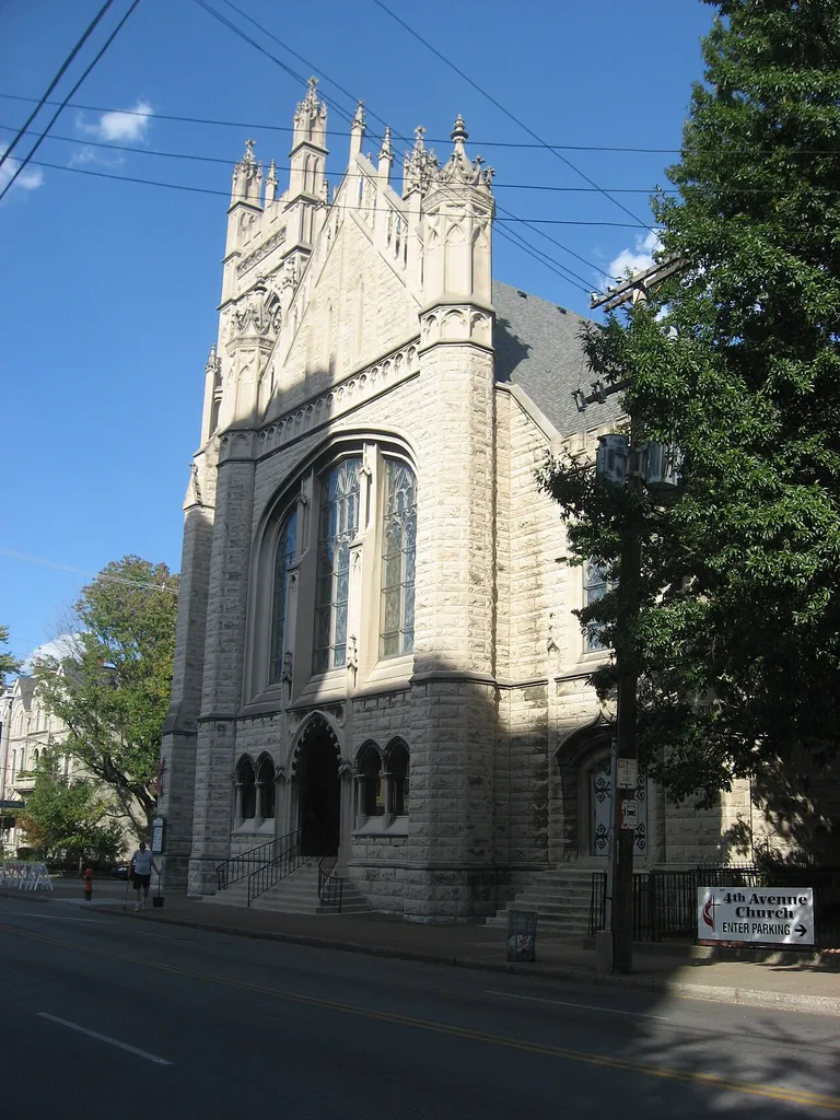 Front of the Fourth Avenue Methodist Church, located at 318 W. St. Catherine Street in Louisville, Kentucky, United States. Built in 1900, it is listed on the National Register of Historic Places, and it is part of a Register-listed historic district, the Old Louisville Residential District.