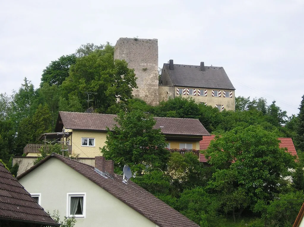 Ruins of the castle of Thuisbrunn in the Franconian Swiss mountain range in Bavaria, Germany viewed from down below at the broadside.