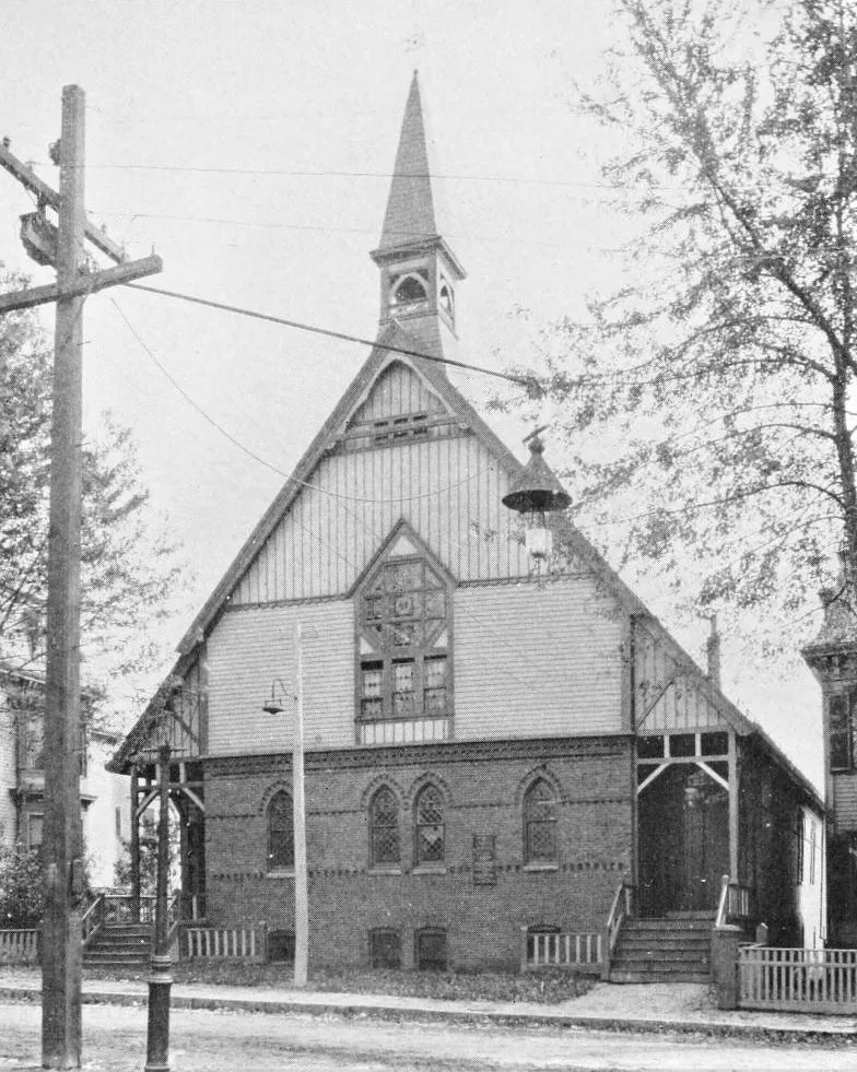 The Union Square Presbyterian Church of Somerville, Massachusetts. Originally built for the Prospect Hill Congregational Church in 1876 and acquired by the Presbyterians in 1887. Formerly on Warren Avenue at the head of Sanborn. Demolished.