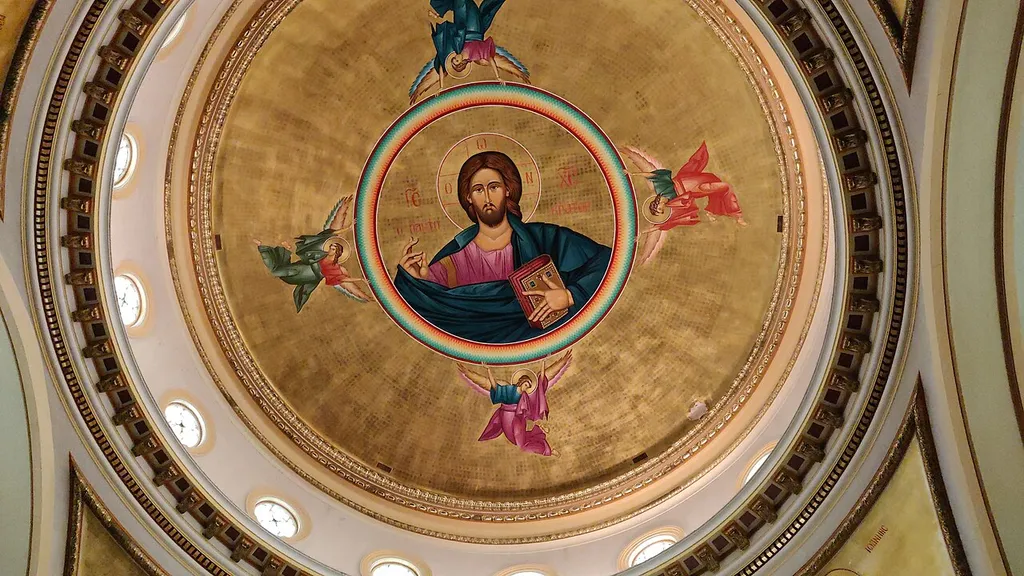 Pantocrator icon in the dome of St. John's Greek Orthodox Church (church in Nebraska, USA)