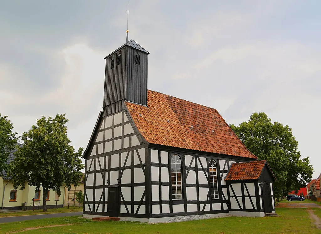 Timber framed Protestant Village Church (Evangelische Dorfkirche) in Groß Lubolz. Lubolz is a district of Lübben, Landkreis Dahme-Spreewald, Brandenburg, Germany. The church is a listed cultural heritage monument.