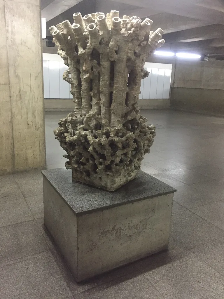 A obra do artista japonês Akinori Nakatani é feita de argila e possui as seguintes dimensões: 0,81m x 0,79m x 1,22m. A escultura está exposta na estação Tiradentes do Metrô, em São Paulo.