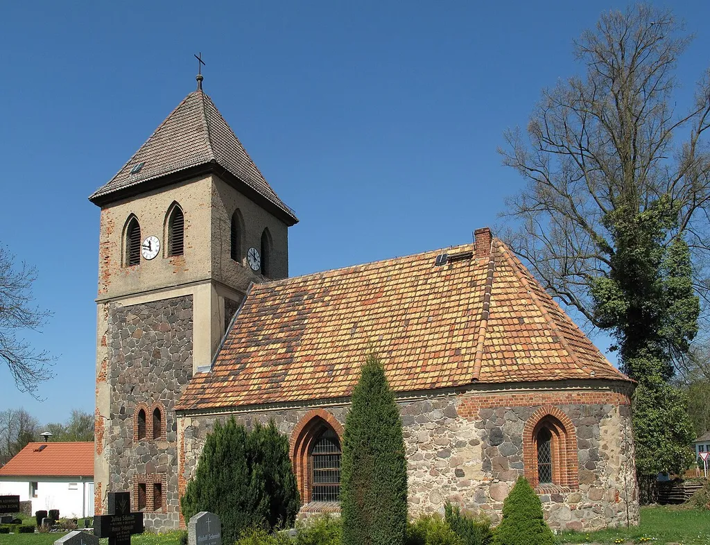 Listed village and Fieldstone church in Bollersdorf, a village of the municipality Oberbarnim in the District Märkisch-Oderland, Brandenburg, Germany.