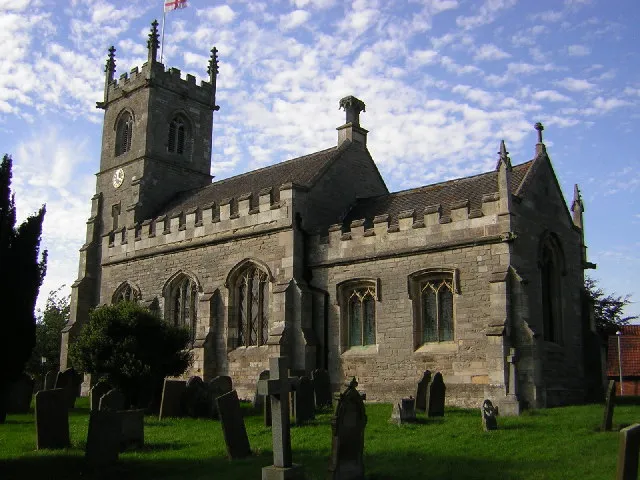St.Peter &amp; St.Mary's church, Bothamsall, Notts. Neo-perpendicular of 1845 replacing a medieval church. Two clues can be found inside - a very early brass to a lady of c1370 and a perpendicular font.