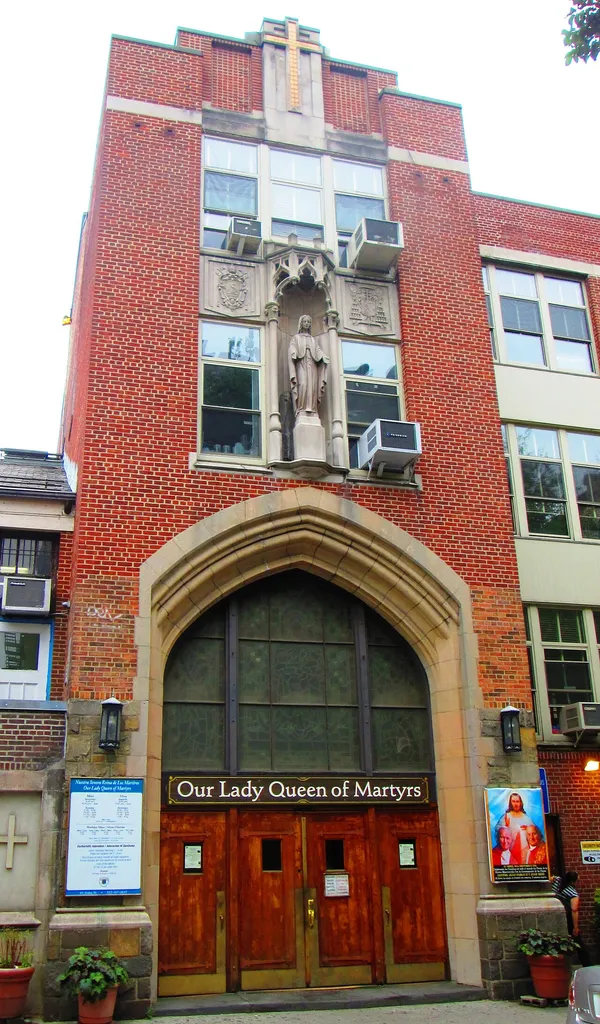 Our Lady Queen of Martyrs Roman Catholic Church, located at 81 Arden Street at Dongan Place, between Broadway and Sherman Avenue in the Washington Heights neighborhood of Manhattan, New York City, was built in 1949-50 as both a school and a church, which is in the basement under the school. It was designed by Gustave E. Steinback. The parish was founded in 1927. (Sources: "Historical information" and [1])