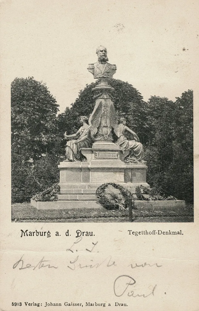 Postcard of Wilhelm von Tegetthoff monument in Maribor; by Heinrich Fuss (1845-1913).
