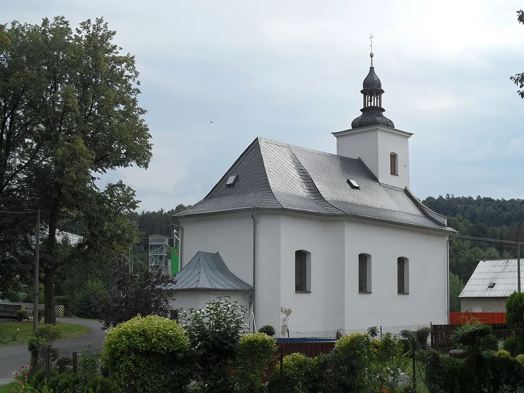 Velká Kraš: Church of Saint Mary: View from North. Jeseník District, the Czech Republic.