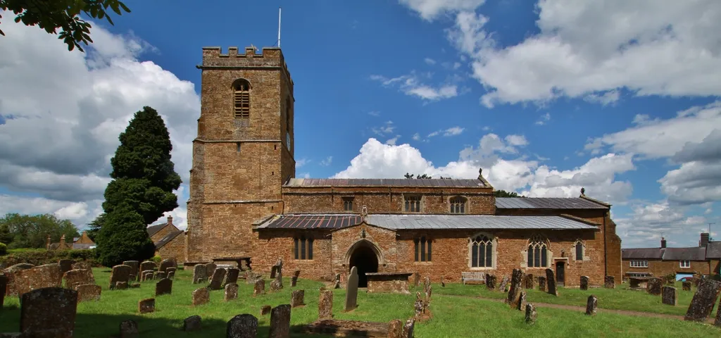 Parish church of Saint Mary Magdelen, Wardington, Oxfordshire, seen from the south at about 1 pm BST (12 noon GMT)