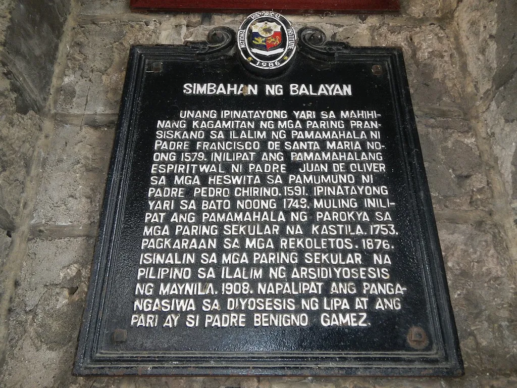 Historical marker created by the Philippines' National Historical Institute in 1986 to commemorate Balayan Church