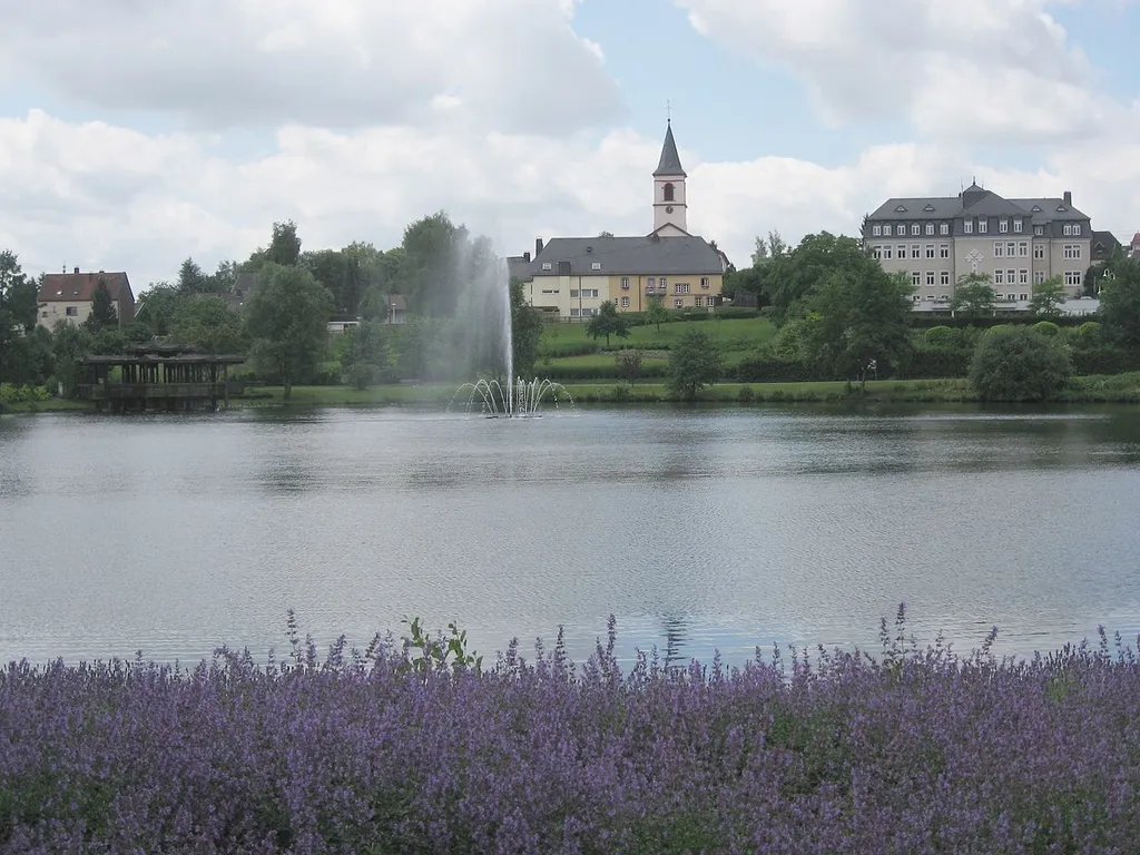 View over the "Kurpark" in Weiskirchen to Church and Municipality