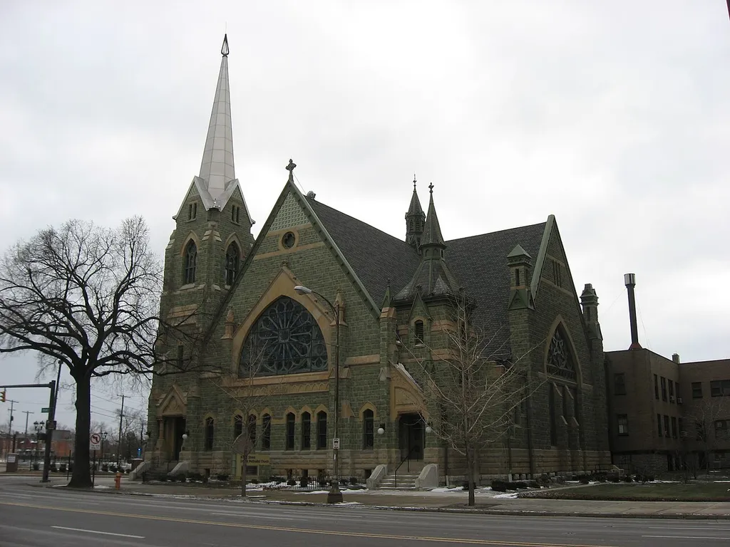 Front and western side of the Broad Street United Methodist Church, located at 501 E. Broad Street (U.S. Route 40) in downtown Columbus, Ohio, United States. Built in 1885, it is listed on the National Register of Historic Places.