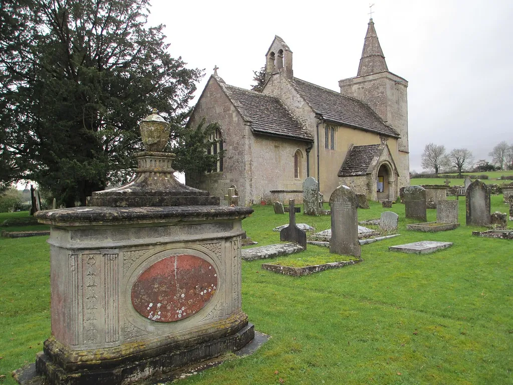 St Mary's parish church, Limpley Stoke, Wiltshire, England, seen from the northeast. In the foreground on the left is the chest tomb of Francis Daniell, who died in 1857.