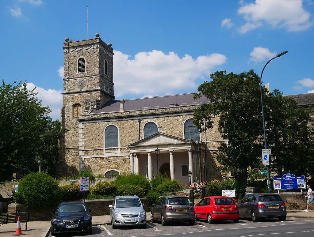 The south face of the Grade II* listed Church of Saint Mary the Virgin in Lewisham.