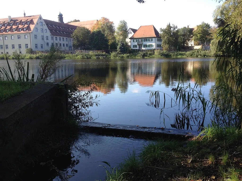 Der Klosterweiher in Wald, vorne der Überlauf des Burraubachs am Südostufer. Zentral ist das Pfarrhaus zu sehen, links Teile des Klostergebäudes.