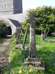 Medieval wayside cross in Lanteglos by Fowey churchyard, 20m south east of the church