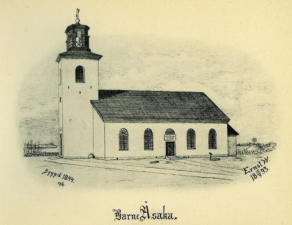 Barne-Åsaka kyrka år 1893 i Barne härad, Skara stift, Västergötland, Sverige. Kyrkan är byggd 1844. Teckning av Ernst Wennerblad ur Skara stifts kyrkor (1902).