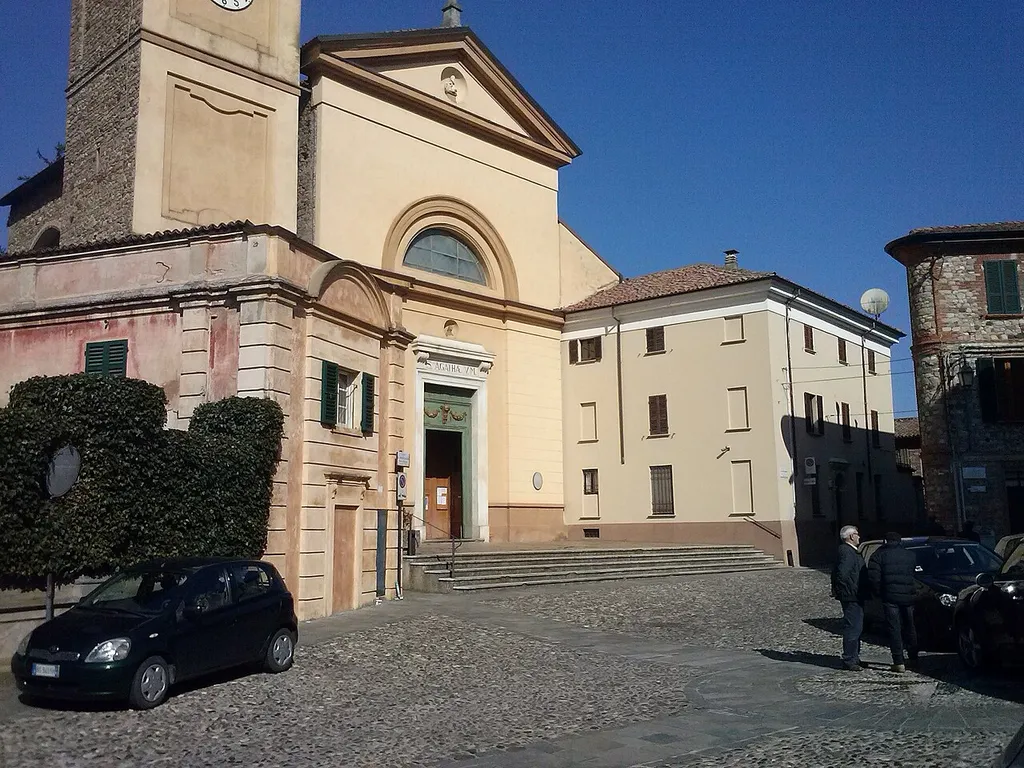 City center of Rivergaro (Piacenza, Italy) and the Church of Saint Agatha