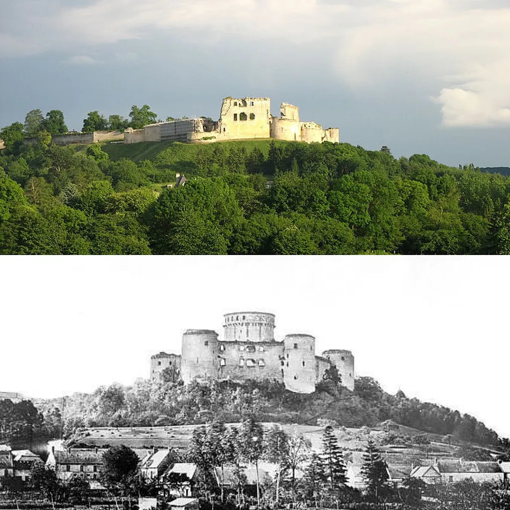 Le château de Coucy en 2007 en haut et en 1909 en bas