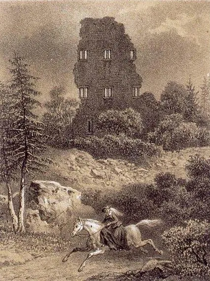 Lithographie der Burgruine Hoh-Hattstatt